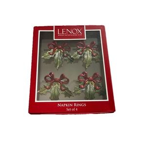 New Lenox Napkin Rings Holly Ribbon Bow Metal Boxed Set of 4 Green Red & Gold